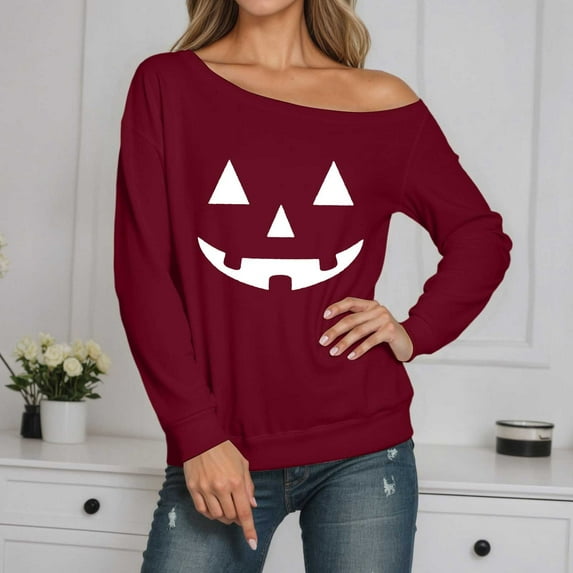 Womens One Shoulder Oversized Sweatshirts Long Sleeve Halloween Pullover Pumpkin Face Printed Fall Casual Comfy Y2K Tops 2025 Winter Tunic
