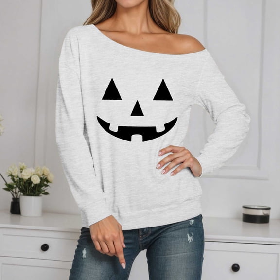 Womens One Shoulder Oversized Sweatshirts Long Sleeve Halloween Pullover Pumpkin Face Printed Fall Casual Comfy Y2K Tops 2025 Winter Tunic