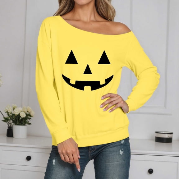 Womens One Shoulder Oversized Sweatshirts Long Sleeve Halloween Pullover Pumpkin Face Printed Fall Casual Comfy Y2K Tops 2025 Winter Tunic