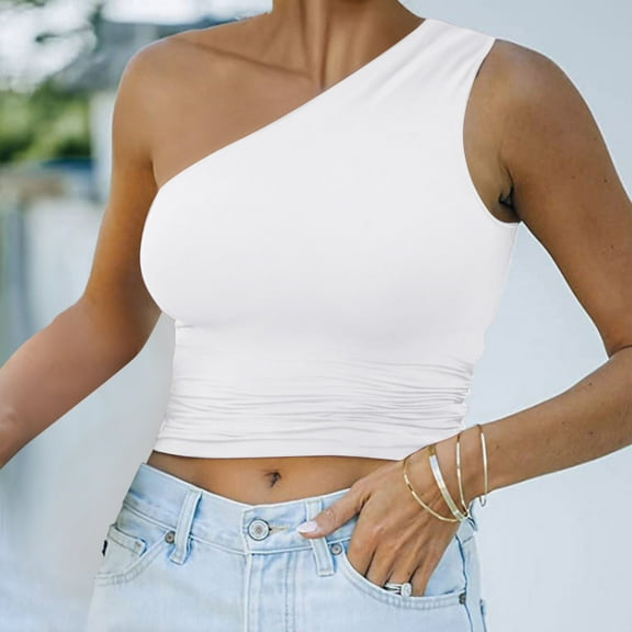 Womens One Shoulder Sleeveless Crop Tank Tops Sexy Trendy Vest Camisole Shirt Crop Tops with Designs 2 X Tops Women 5 Way Bra Shirt with Strings Undershirt Top Junior Tops Women Undershirt Women