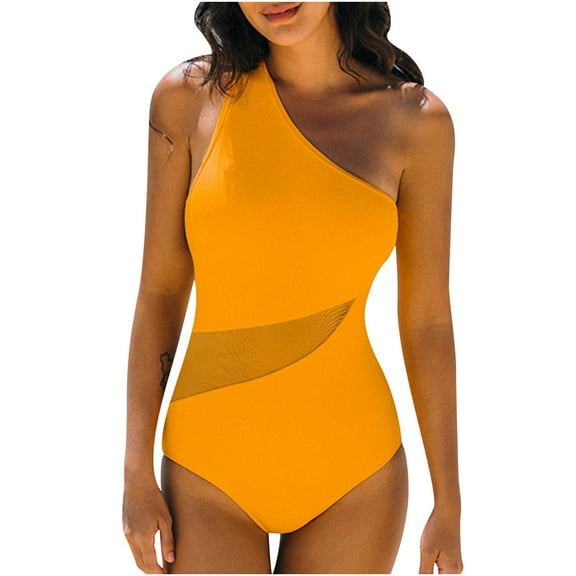 Womens One-Shoulder Solid Color Cut-Out Mesh Panel Slimming One-Piece Swimsuit Tankini Bathing Suits