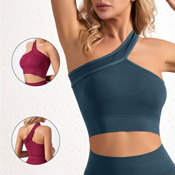 Womens One Shoulder Sports Bra Seamless Wirefree Asymmetrical Fitness Crop Tops for Yoga Workout Gym Daily Wear Womens Bras
