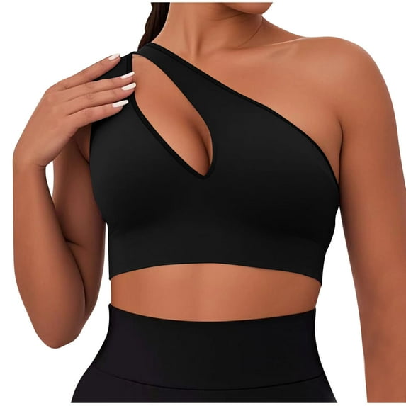 Womens One Shoulder Sports Bras Double Strap Workout Yoga Bras Cute Plain Medium Support Crop Top 2025 Fashion