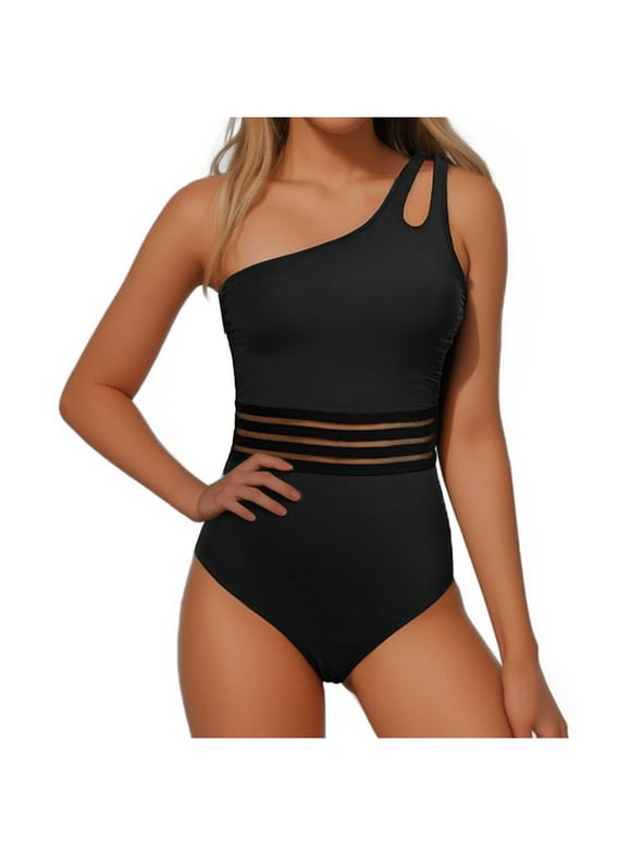 Womens One Shoulder Summer Swimsuits Lace Tummy-Control Swimwear Adjustable Cutout Nylon Beach One Piece Swimming Suits Black, XXL