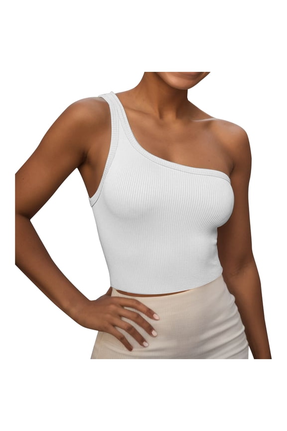 Womens One Shoulder Tank Top Cropped Ribbed Sleeveless Shirt Solid Color Strappy Camisole Slim Fit Base Tee White