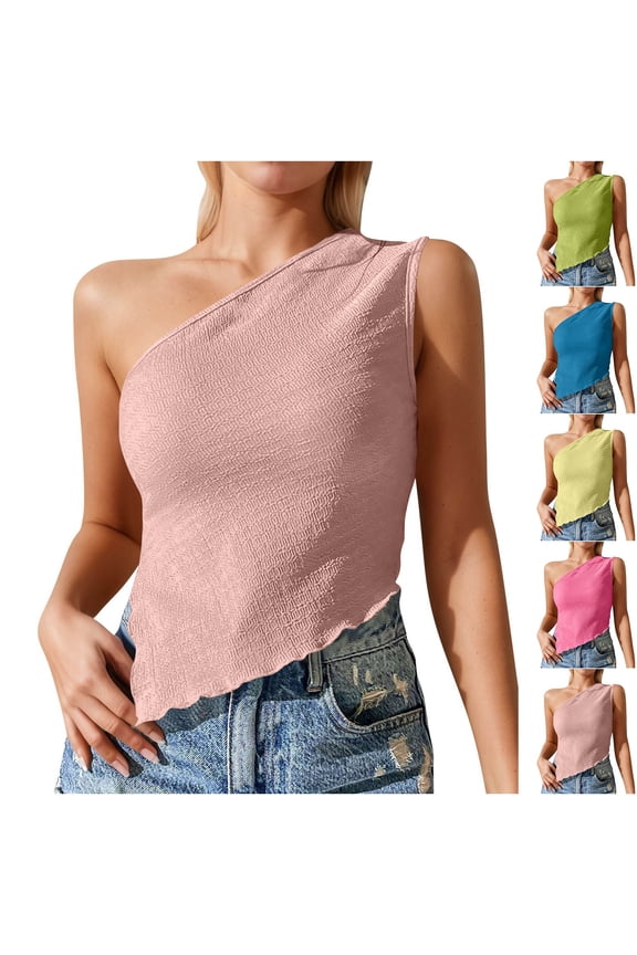 Womens One Shoulder Tank Tops Summer Going Out Tops Ruched Asymmetrical Sleeveless Solid Shirts Basic Tees Green,Size 2XL