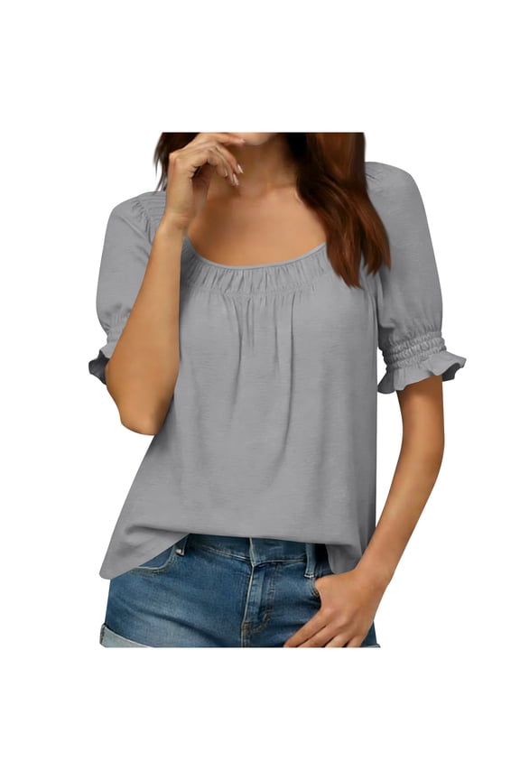 Womens One Shoulder Tops, Puff Short Sleeve Shirts for Women Summer Casual Lightweight Solid Color Dressy Blouses