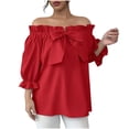 thumbnail image 1 of Womens One Shoulder Tops, Ruffle 3/4 Sleeve Shirts for Women Lightweight Casual Solid Color Dressy Blouses with Bows, 1 of 6