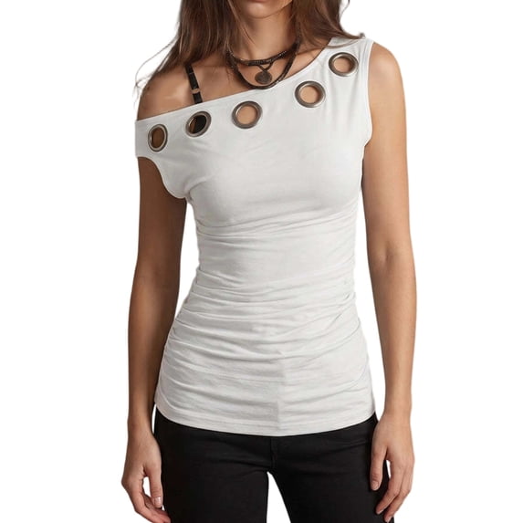 Womens One Shoulder Tops Sleeveless Metal Grommet Eyelet Ruched Slim Fit Tanks T Shirts Sexy Punk Y2k Summer Fashion White S