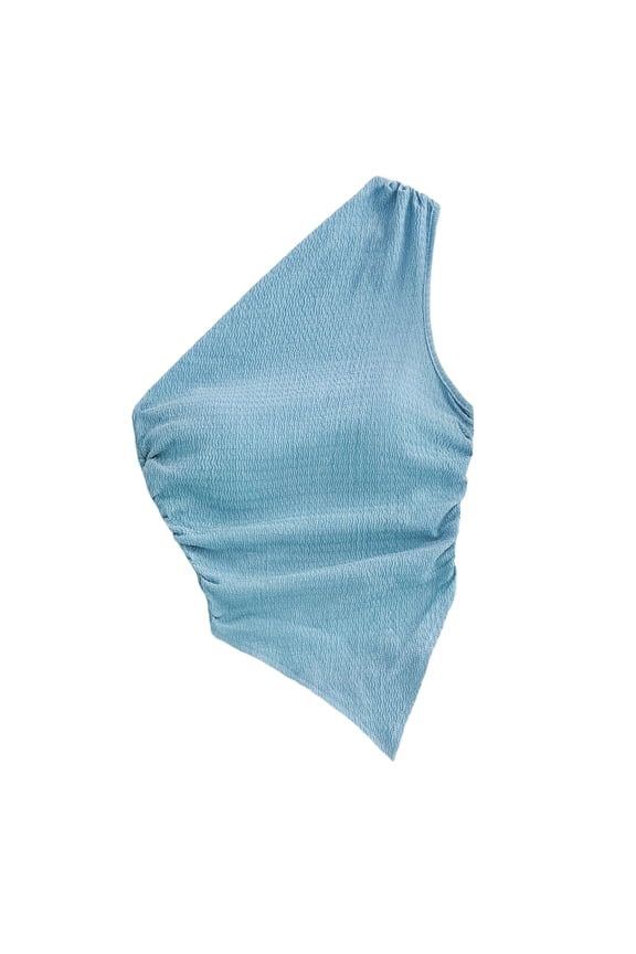 Womens One Shoulder Tops Sleeveless Ruched Sides Textured Fabric Asymmetric Hem Fashion Casual Summer Blouses Blue S