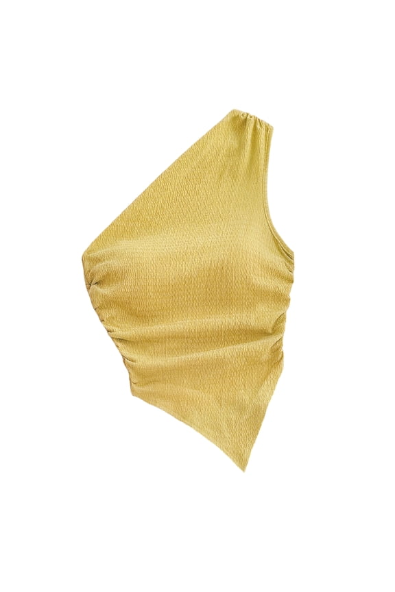 Womens One Shoulder Tops Sleeveless Ruched Sides Textured Fabric Asymmetric Hem Fashion Casual Summer Blouses Yellow L