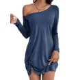 thumbnail image 1 of Womens One Shoulder Tunic Long Sleeve Solid Twist Hem Mini Dress Dressy Casual Loose Spring Summer Dress Blue XL, 1 of 9