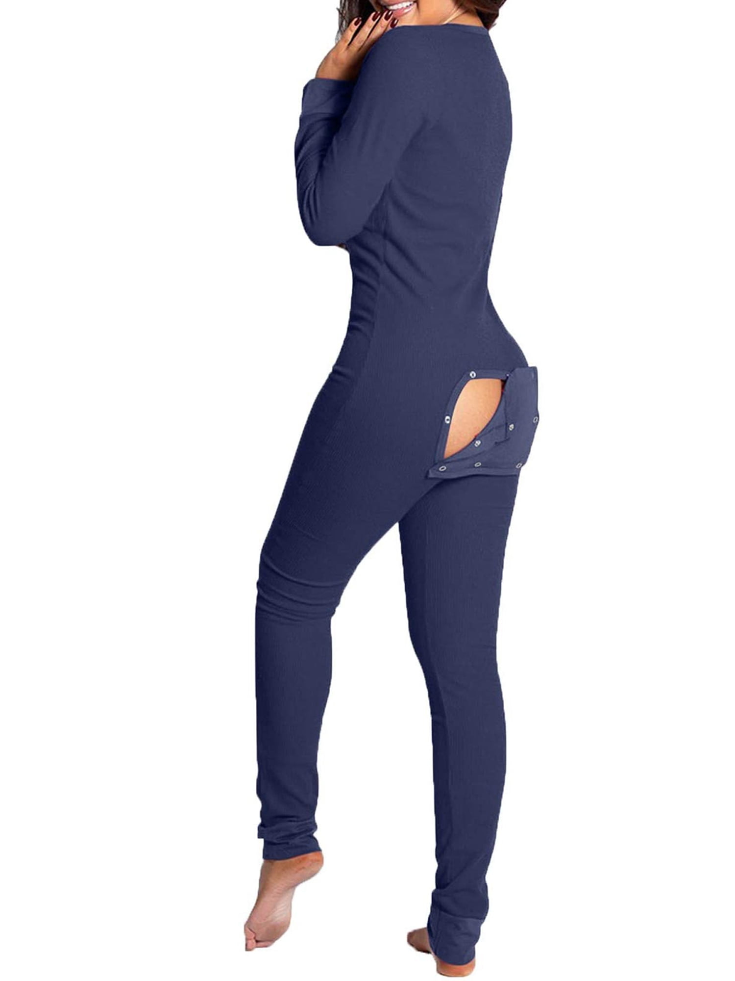 Womens Onesie Pajamas Sexy Butt Flap Pajamas Deep V Jumpsuit Bodycon Long Sleeve Rompers Sleepwear