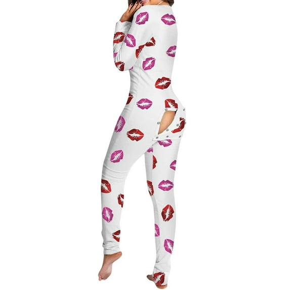 Womens Onesie Pajamas Sexy Butt Flap Pajamas Deep V Jumpsuit Bodycon Long Sleeve Rompers Sleepwear