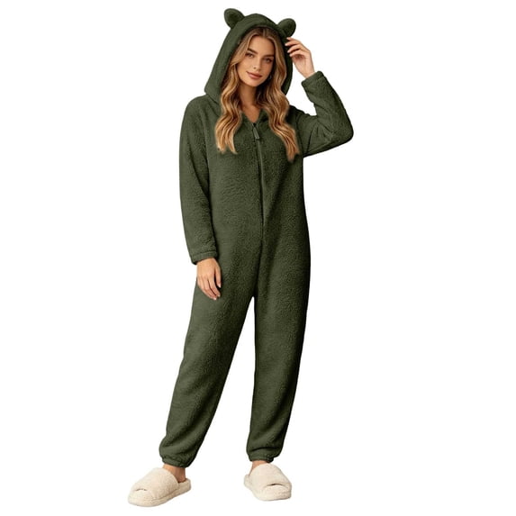 Womens Onesie Pajamas,Winter Warm Hooded Jumpsuit Loungewear Zip Up Sleepwear Plus Size