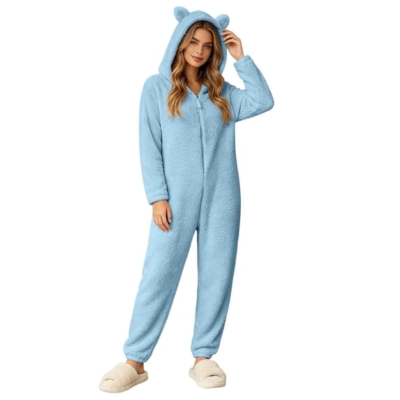 Womens Onesie Pajamas,Winter Warm Hooded Jumpsuit Loungewear Zip Up Sleepwear Plus Size