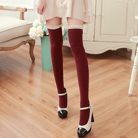 Sunshuilll Big & Tall Opaque Lace Thigh High Stockings Casual, Red