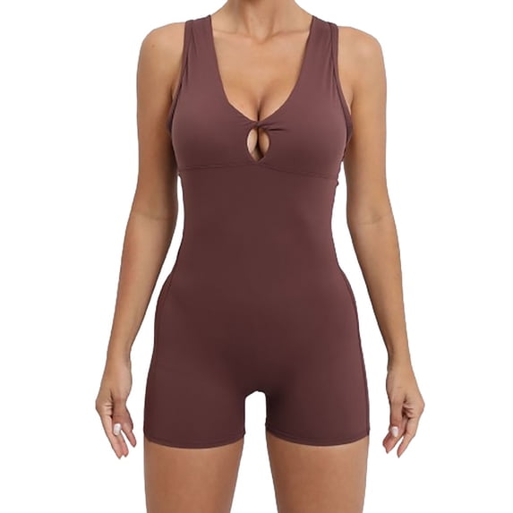 Womens Open Back Jumpsuits One Piece Shorts Bodysuit Rompers Yoga Sleeveless Hollow-out V Neck Bodycon Outfits (Small, Coffee)