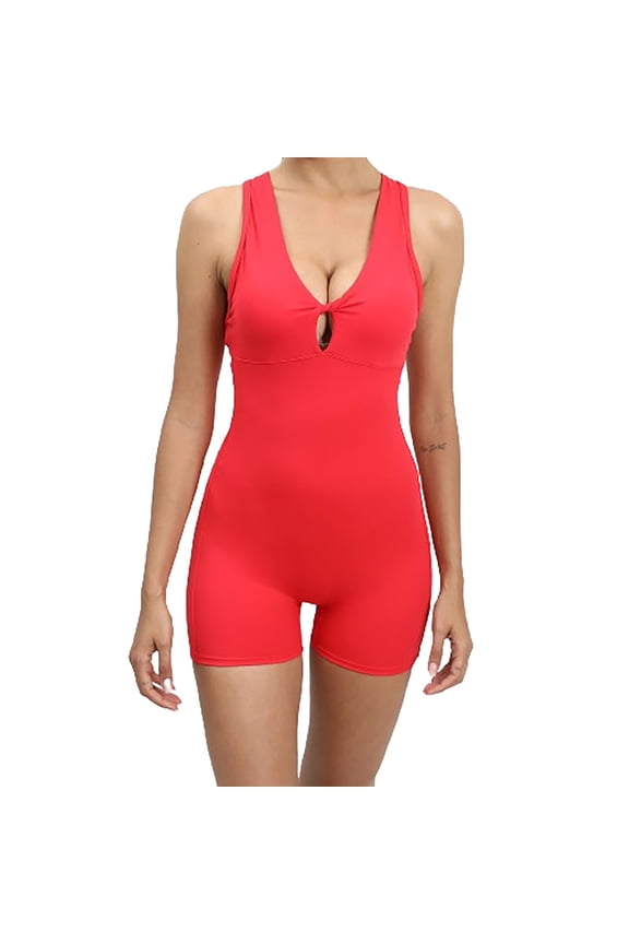 Womens Open Back Jumpsuits One Piece Shorts Bodysuit Rompers Yoga Sleeveless Hollow-out V Neck Bodycon Outfits (S, Red)