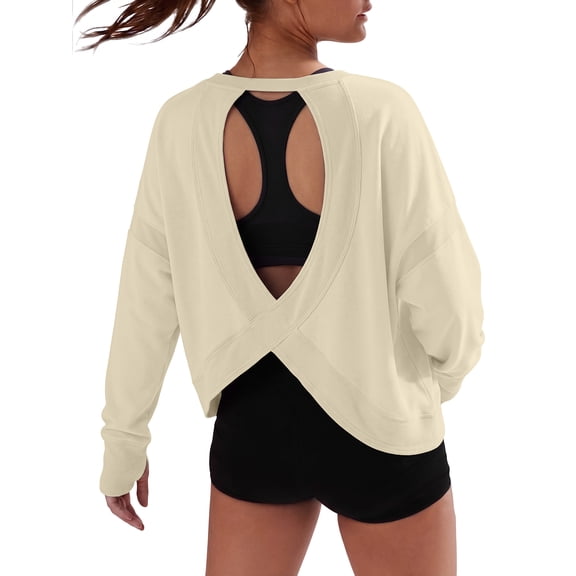 JWD Womens Open Back Long Sleeve Workout Top Loose Fit Crew Neck Thumb Hole Pullover Yoga Shirt Light Yellow L