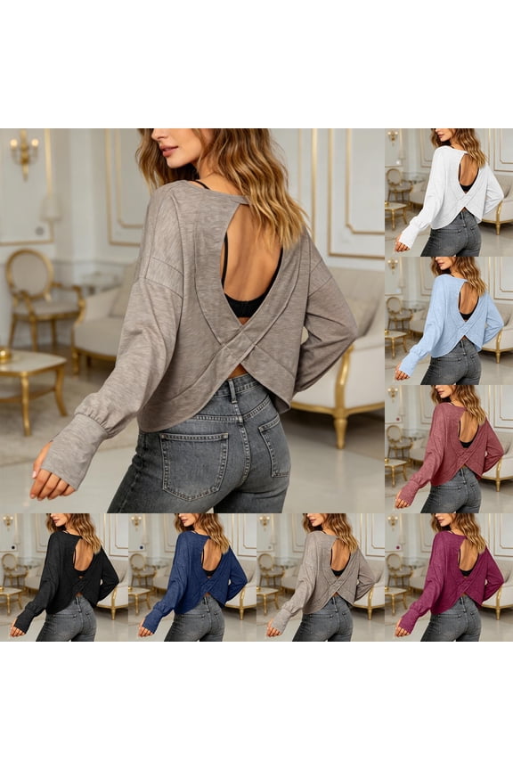 Womens Open Back T Shirt Long Sleeve Solid Color Cutout Top Crewneck Summer Casual Blouse Pink XXL