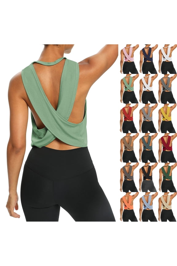 Womens Open Back Workout Shirts Cropped Yoga Tank Tops Backless Athletic Clothes for Gym Running #02Light Gray L