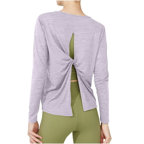 Womens Open Back Workout Top Long Sleeve Round Neck Athletic Yoga Shirts Casual Running Tee Y2k Backless Tshirts