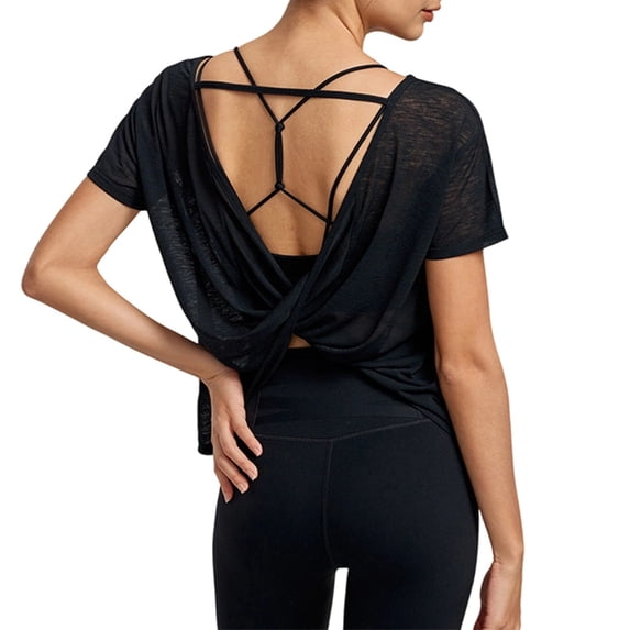 Womens Open Back Workout Top Twist Back Backless Athletic Shirt Breathable Summer Yoga Running Gym Activewear