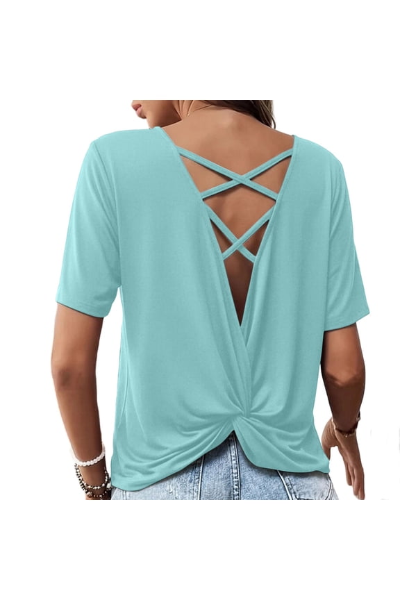 Womens Open Back Workout Tops Loose Short Sleeve Athletic Gym T Shirts