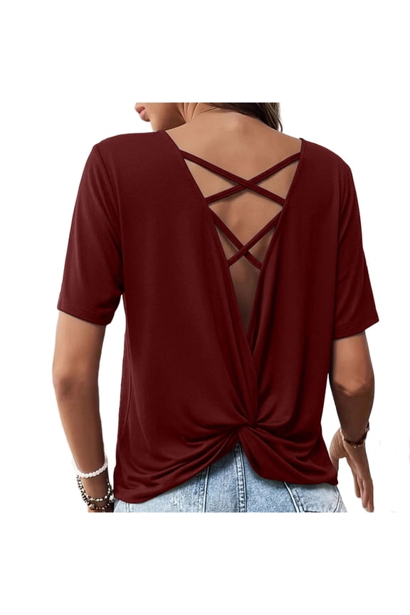 Womens Open Back Workout Tops Loose Short Sleeve Athletic Gym T Shirts