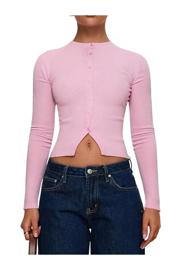 Womens Open Front Button Up Cropped Top Ribbed Knit Long Sleeve Shirt Casual Solid Crop Sweater Pink M
