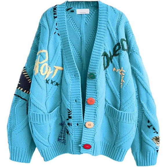 Womens Open Front Cardigan Cable Knit Long Sleeve Button Down Embroidery Cardigan Sweaters