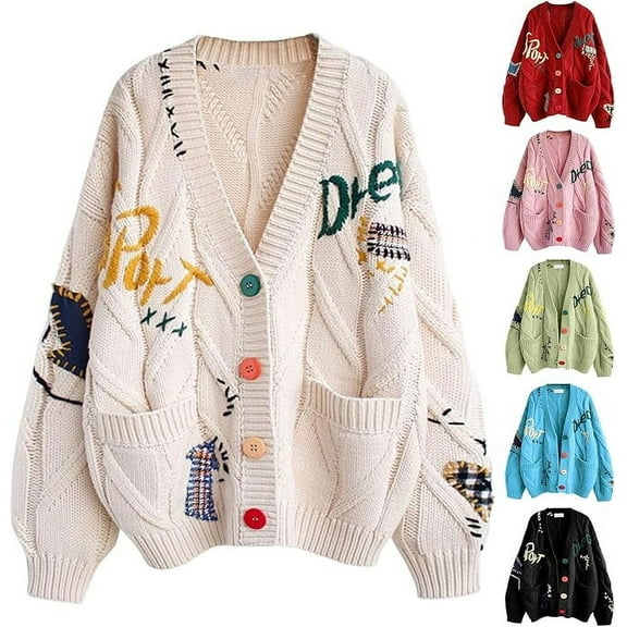 Womens Open Front Cardigan Cable Knit Long Sleeve Button Down Embroidery Cardigan Sweaters