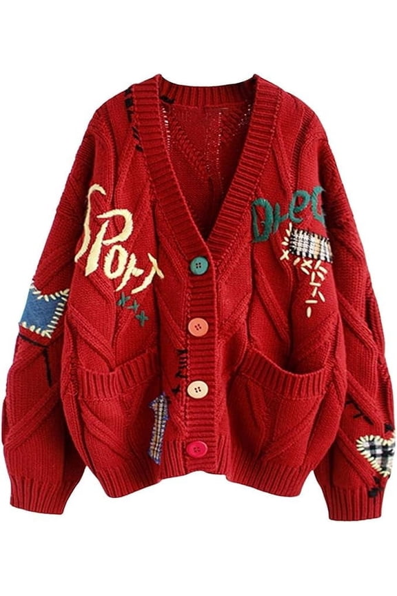 Womens Open Front Cardigan Cable Knit Long Sleeve Button Down Embroidery Cardigan Sweaters