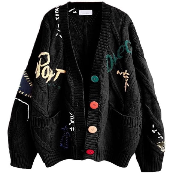 Womens Open Front Cardigan Cable Knit Long Sleeve Button Down Embroidery Cardigan Sweaters