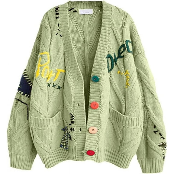 Womens Open Front Cardigan Cable Knit Long Sleeve Button Down Embroidery Cardigan Sweaters
