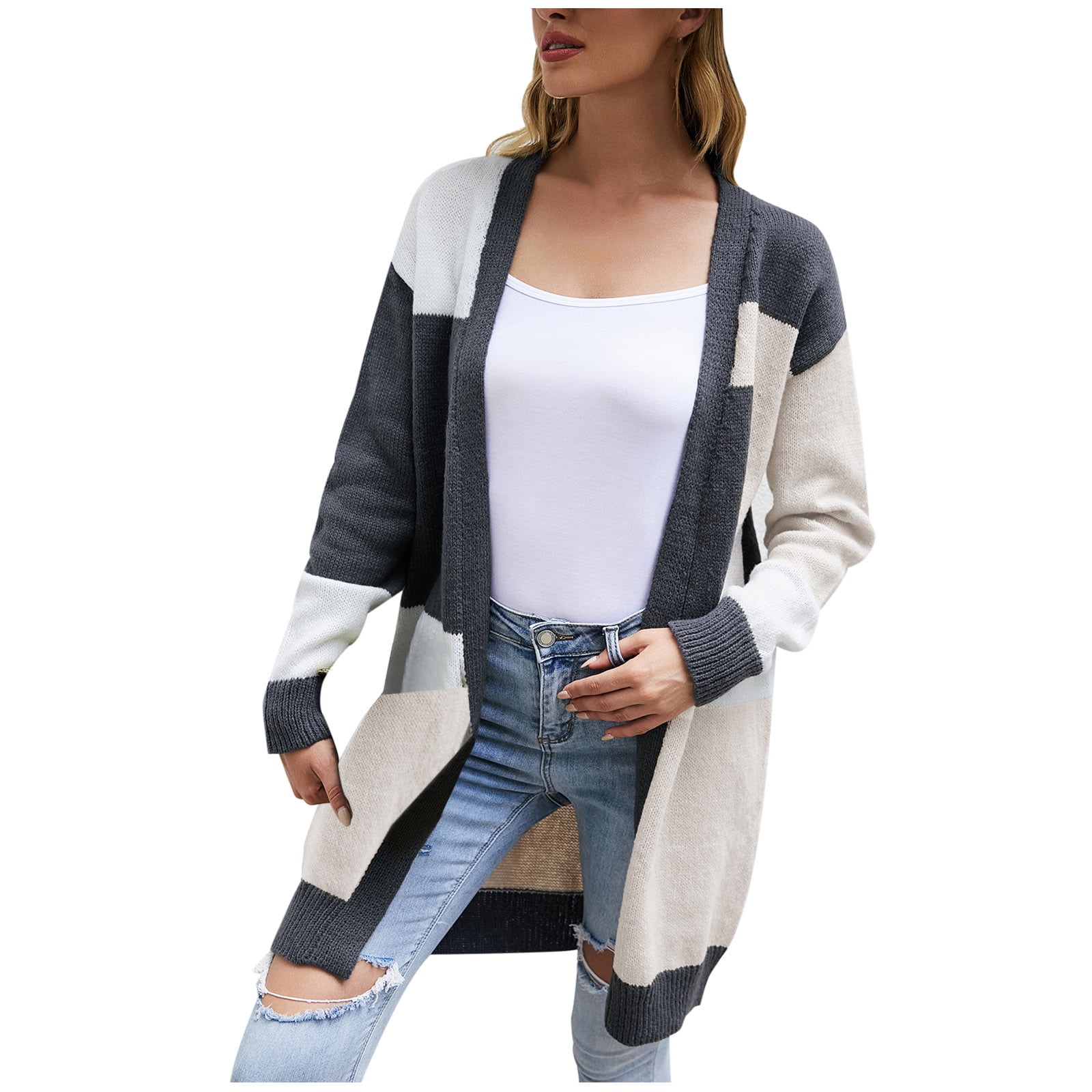 Long Sleeve Knitted Colorblock Cardigan good