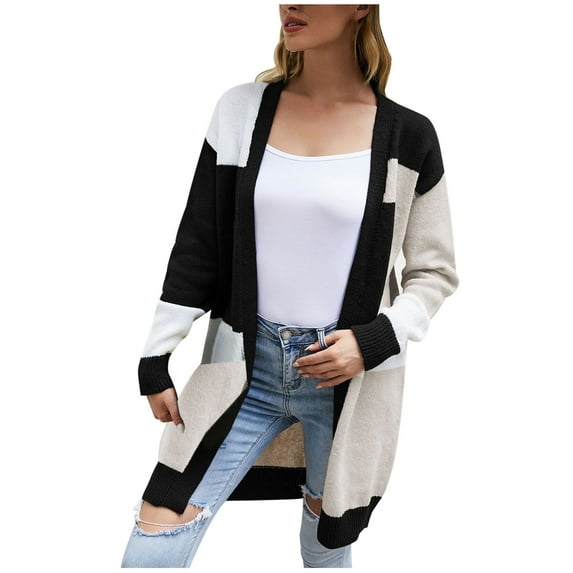 Womens Open Front Cardigan Colorblock Long Sleeve Loose Knit Casual Lightweight Soft Sweaters Tops Outerwear