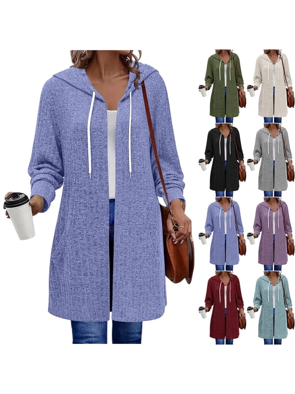 Womens Open Front Cardigan Ribbed Knit Hooded Long Sleeve Coatigan Duster Sweaters with Drawstring Hood Pockets Cozy Travel Winter Loungewear, Navy, XL