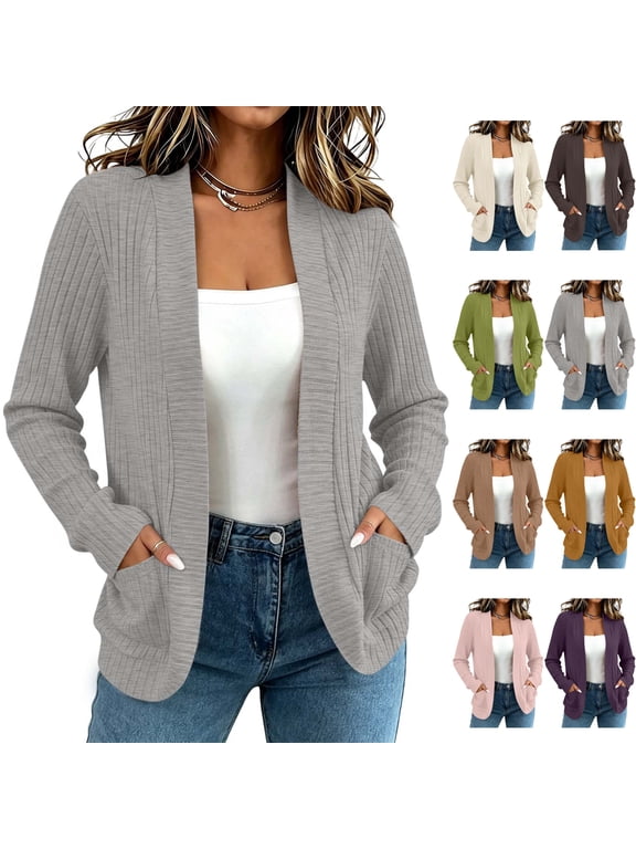 Womens Open Front Cardigan Sweaters Lightweight Long Sleeve Soft Knit Cover Up Outerwear with Pockets for Fall Layering Daily Outfits, Gray, XXL
