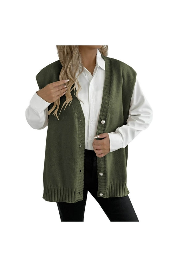Womens Open Front Cardigan Vest Knitwear Button Down Casual Sweater Vests Loose Split Knitted Sweaters Army Green, Free Size