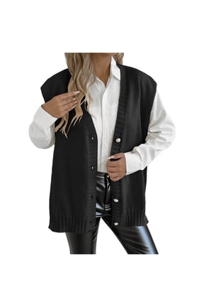 Womens Open Front Cardigan Vest Knitwear Button Down Casual Sweater Vests Loose Split Knitted Sweaters Black, Free Size