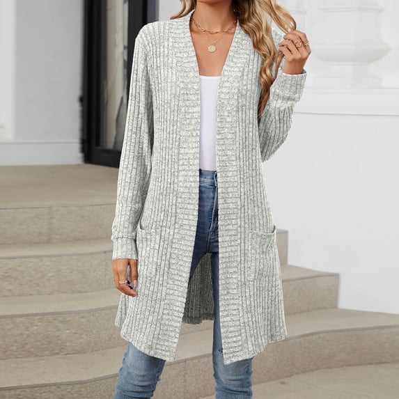 Womens Open Front Cardigans Lightweight Soft Knit Jacket Mid Length Casual Fall Sweaters Cardigan Outerwear (M, Gray 01)