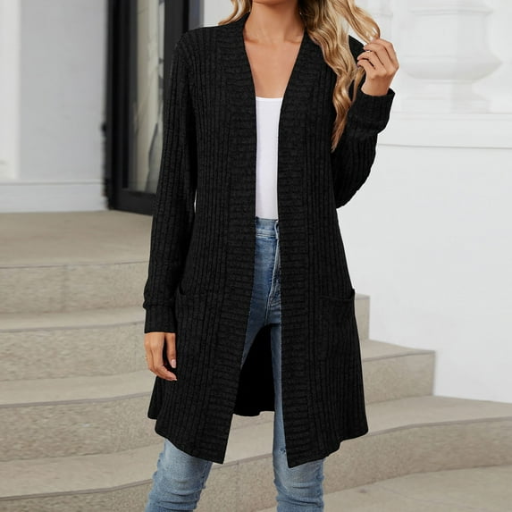 Womens Open Front Cardigans Lightweight Soft Knitted Jacket Mid Length Casual Fall Sweaters Cardigan Outerwear (L, Black 01)