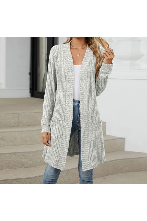 Womens Open Front Cardigans Lightweight Soft Knitted Jacket Mid Length Casual Fall Sweaters Cardigan Outerwear (XL, Gray 01)