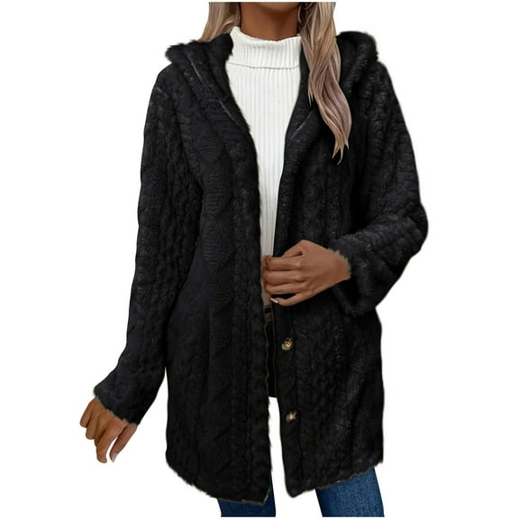 Womens Open Front Fleece Jacket with Hood Oversized Long Sherpa Hoodie Fuzzy Jackets Warm Teddy Coat Fall Winter Outerwear