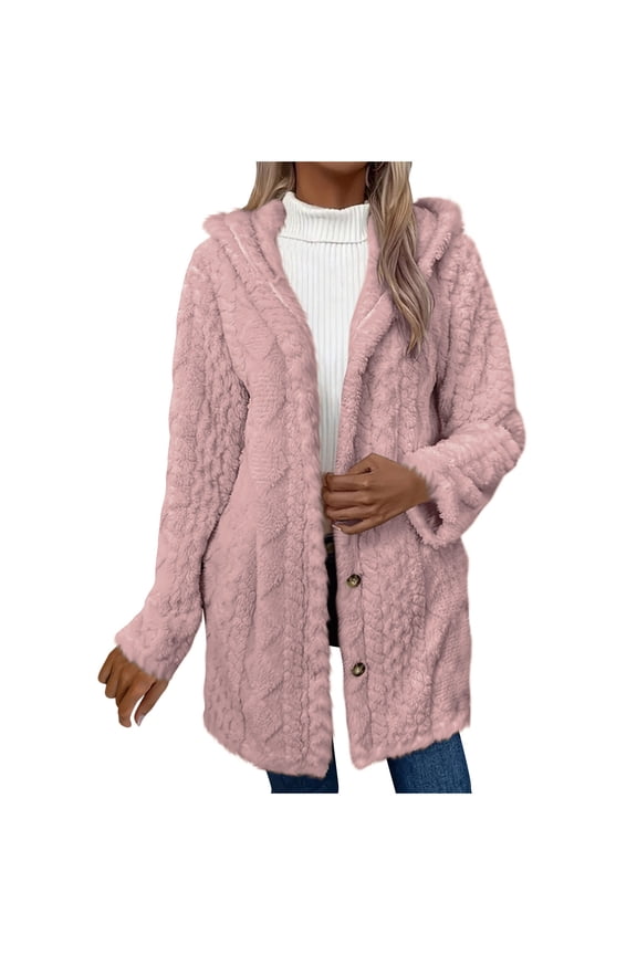 Womens Open Front Fleece Jacket with Hood Oversized Long Sherpa Hoodie Fuzzy Jackets Warm Teddy Coat Fall Winter Outerwear