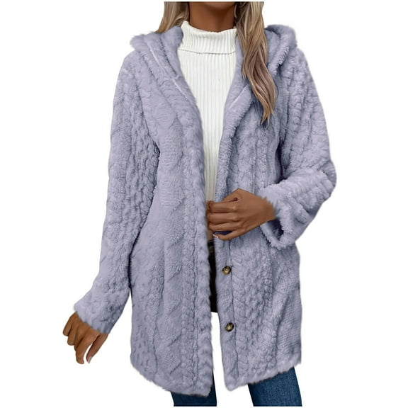 Womens Open Front Fleece Jacket with Hood Oversized Long Sherpa Hoodie Fuzzy Jackets Warm Teddy Coat Fall Winter Outerwear