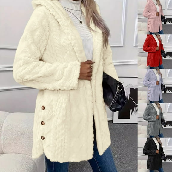 Womens Open Front Fleece Jacket with Hood Oversized Long Sherpa Hoodie Fuzzy Jackets Warm Teddy Coat Fall Winter Outerwear