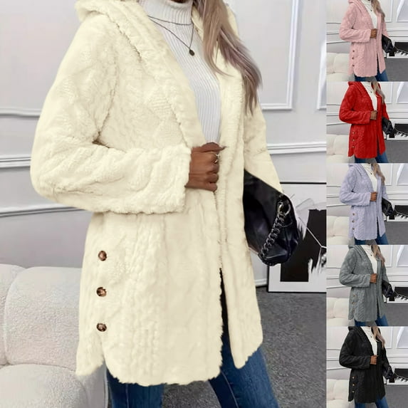 Womens Open Front Fleece Jacket with Hood Oversized Long Sherpa Hoodie Fuzzy Jackets Warm Teddy Coat Fall Winter Outerwear
